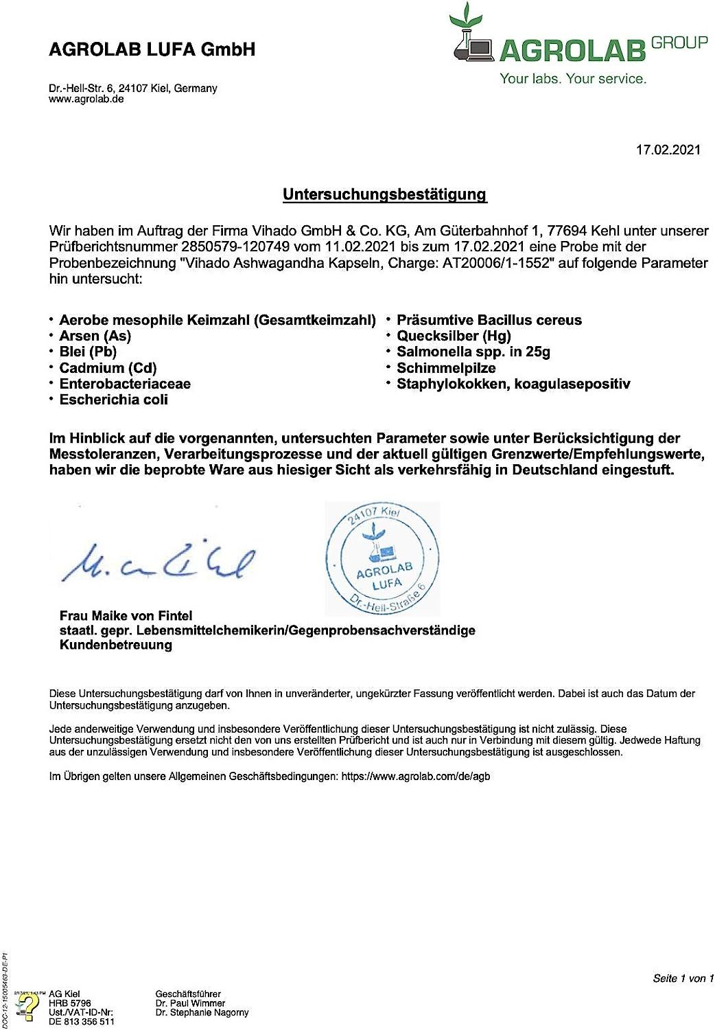 Ein Dokument von Agrolab LUFA GmbH, das die Analyseergebnisse von Vihado Ashwagandha Kapseln bestätigt. Es listet verschiedene Parameter wie Schwermetalle und Bakterien auf und bestätigt die Konformität mit den geltenden Grenzwerten.