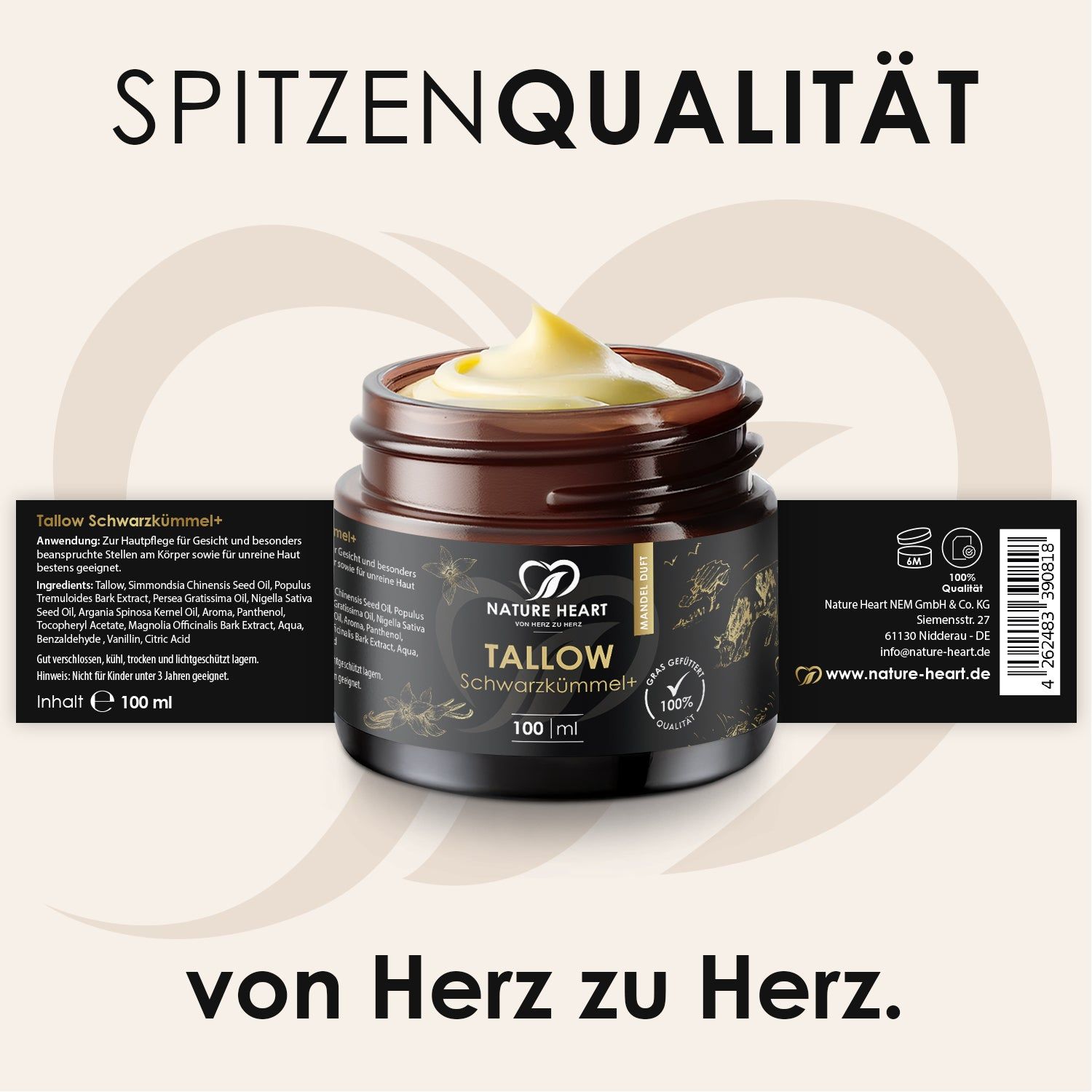 Braune Glasdose mit gelblicher Creme. Text: Tallow Schwarzkümmel+, Nature Heart Logo, 100% Qualität. Text: von Herz zu Herz. Zutatenliste.
