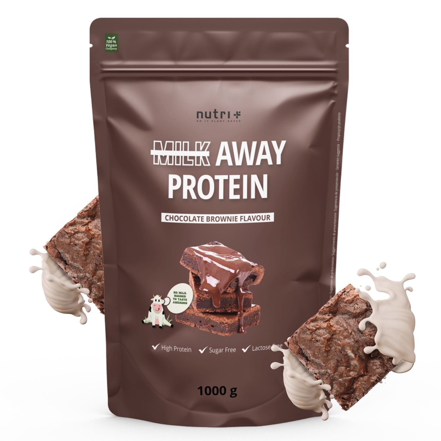 Eine braune Tüte 'MILK AWAY PROTEIN' mit Schokoladenkeksen und einem Glas Milch.