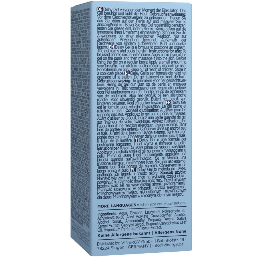 Rückseite der Mister Size Delay Gel Flasche. Text in mehreren Sprachen. Inhaltsstoffe und Herstellerinformationen.
