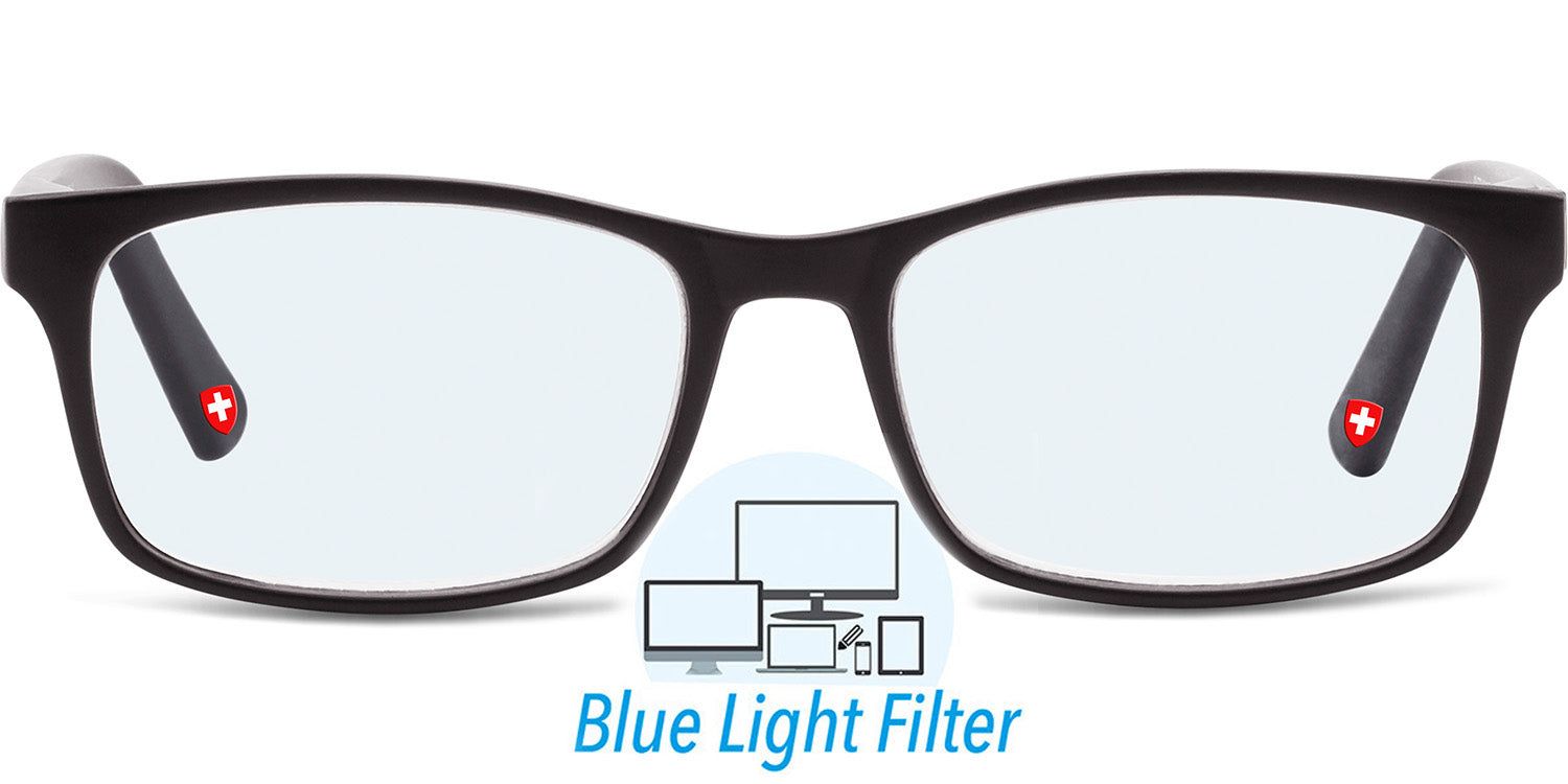 Schwarze Brille mit rechteckigen Gläsern. Schweizer Kreuz auf den Bügeln. Text: Blue Light Filter. Grafik: Bildschirme.