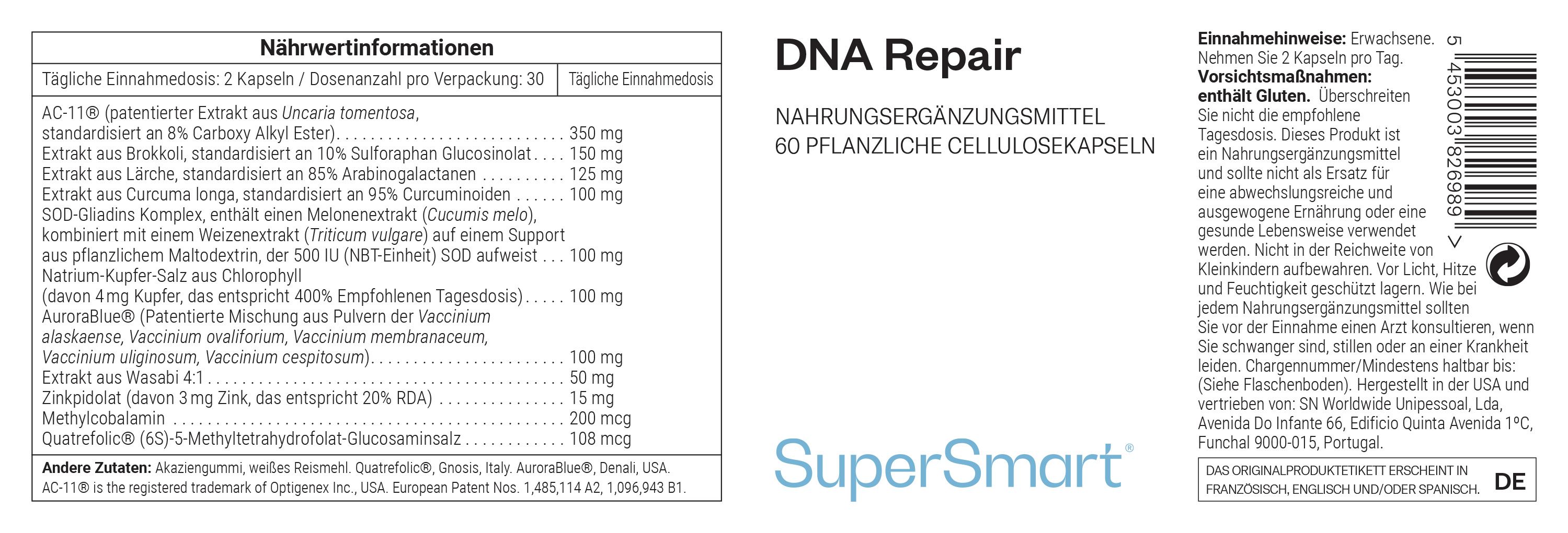 Etikett mit Informationen zu DNA Repair, 60 pflanzliche Zellulosekapseln. Enthält Inhaltsstoffe und Nährwertangaben. SuperSmart Logo.