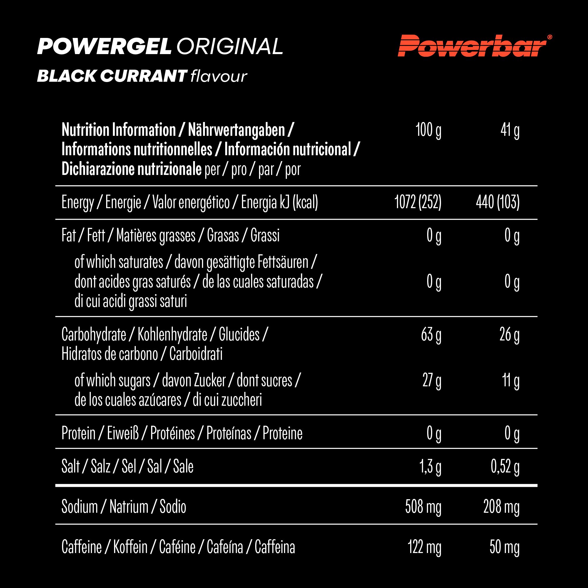 Nährwertangaben für PowerBar PowerGel Original. Enthält Informationen zu Energie, Fett, Kohlenhydraten, Protein und Salz.
