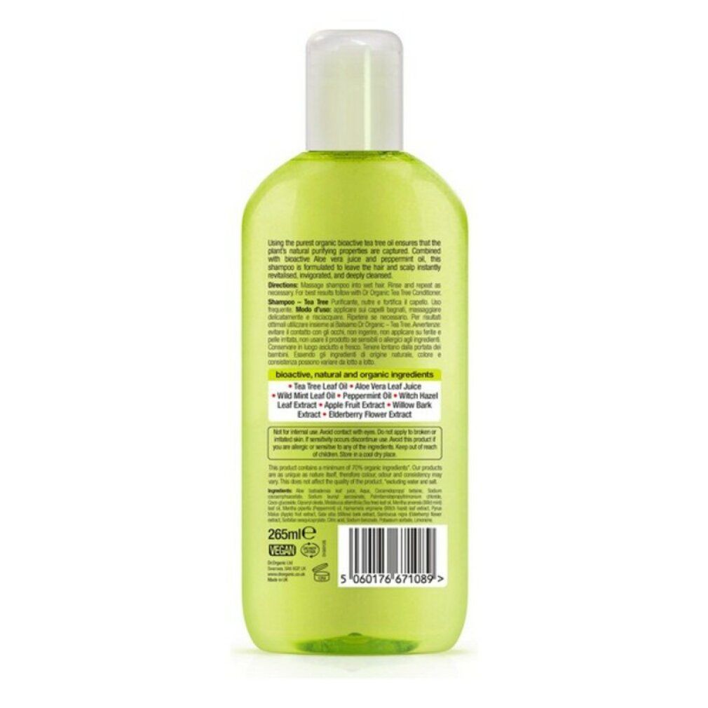 Dr. Organic Bio-Teebaum-Shampoo. Grüne Flasche, Rückseite. Text in mehreren Sprachen. Bio-Activ-Siegel. 265ml.