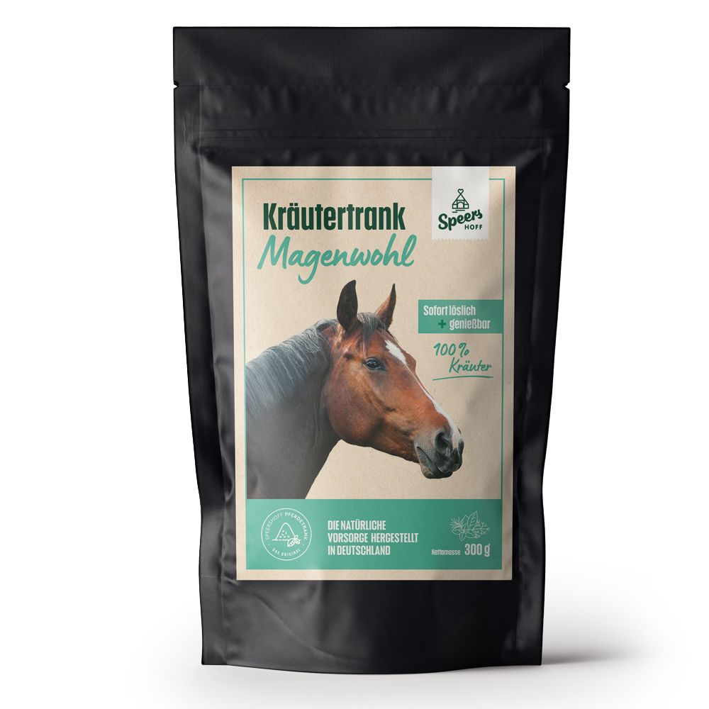 Schwarze Verpackung mit Produktetikett. Etikett mit Kräutertrank, Magenwohl, Pferdeportrait, Speers Hoff Logo, 100% Kräuter.