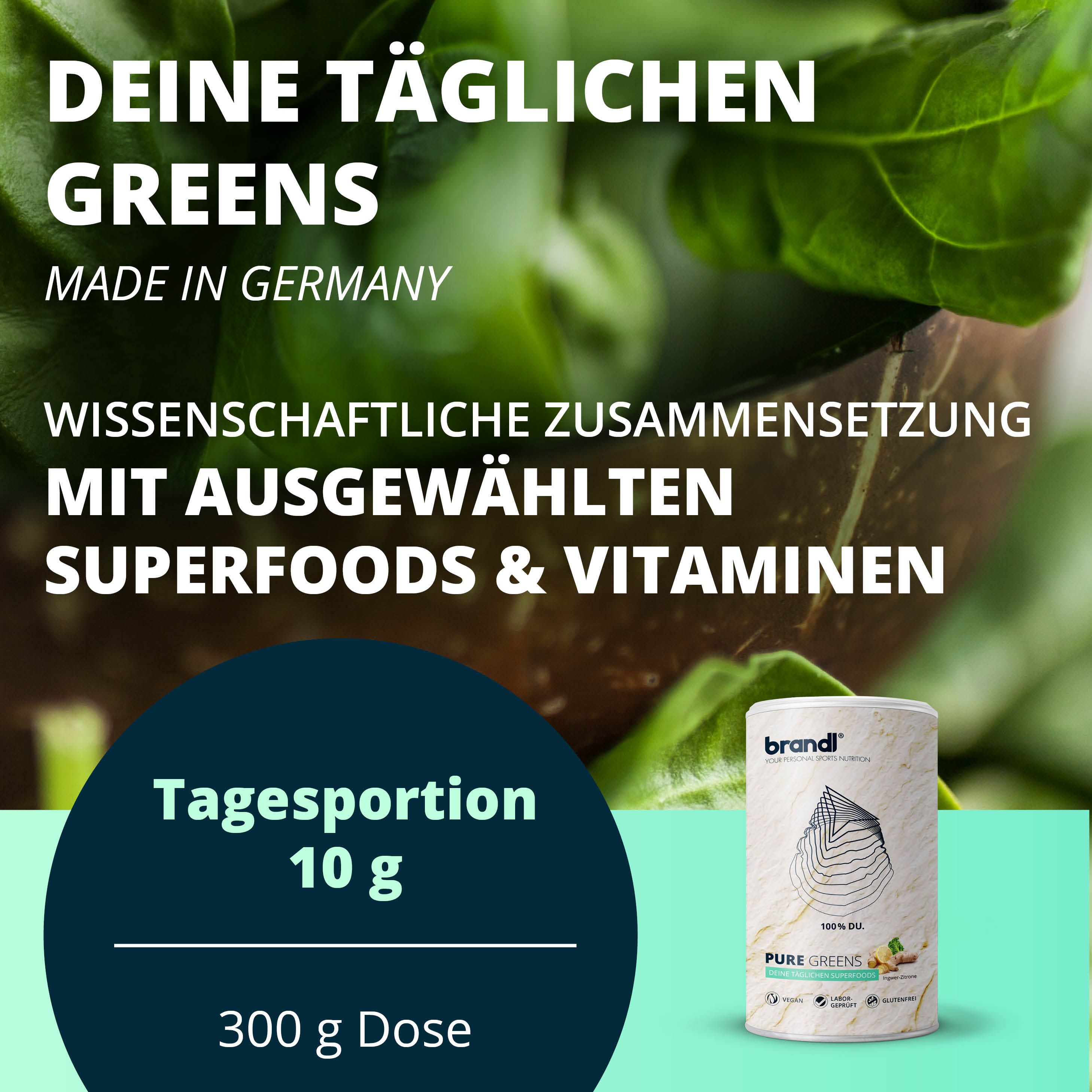 brandl® Superfood Greens Pulver mit Ashwagandha, Spirulina-Pulver, Ingwer, Brokkolisprossen uvm. 300 g