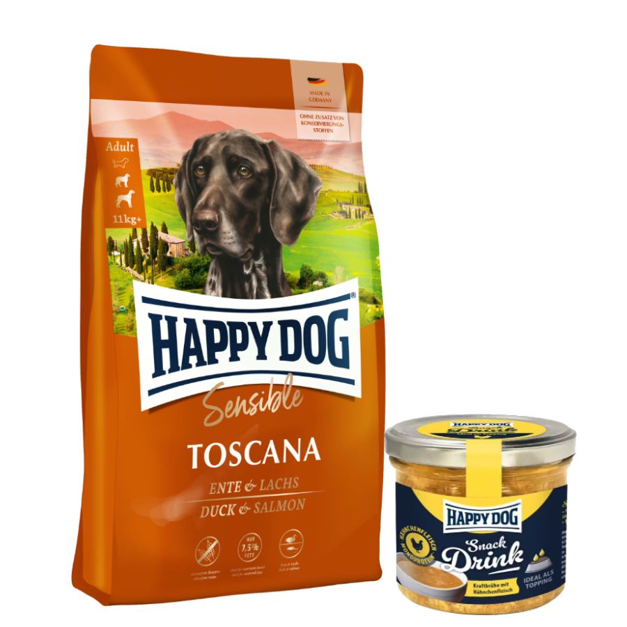 Happy Dog Sensible Toscana + Happy Dog Snack Drink mit Hähnchenfleisch