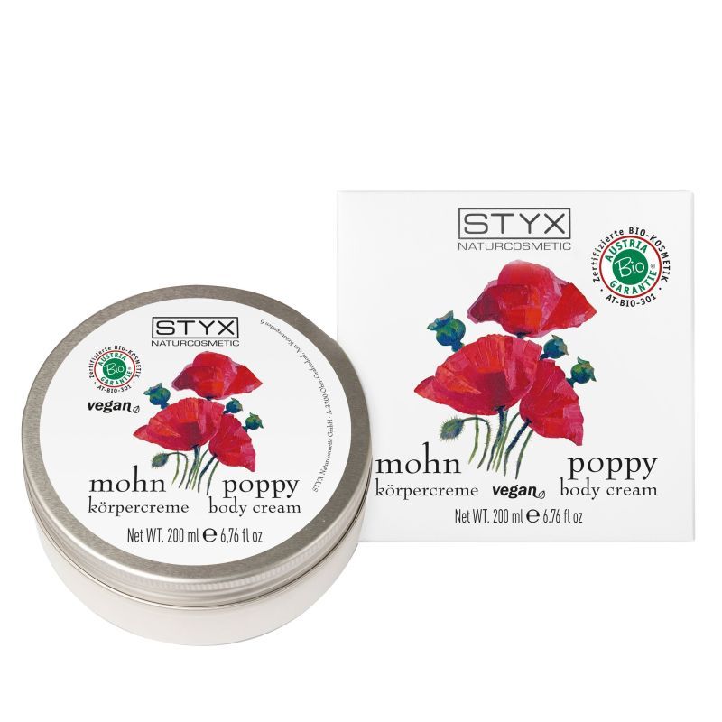 Runde Dose und Schachtel mit Mohnblumen-Motiv. Aufschrift: STYX, Mohn Körpercreme, vegan. Bio-Siegel.