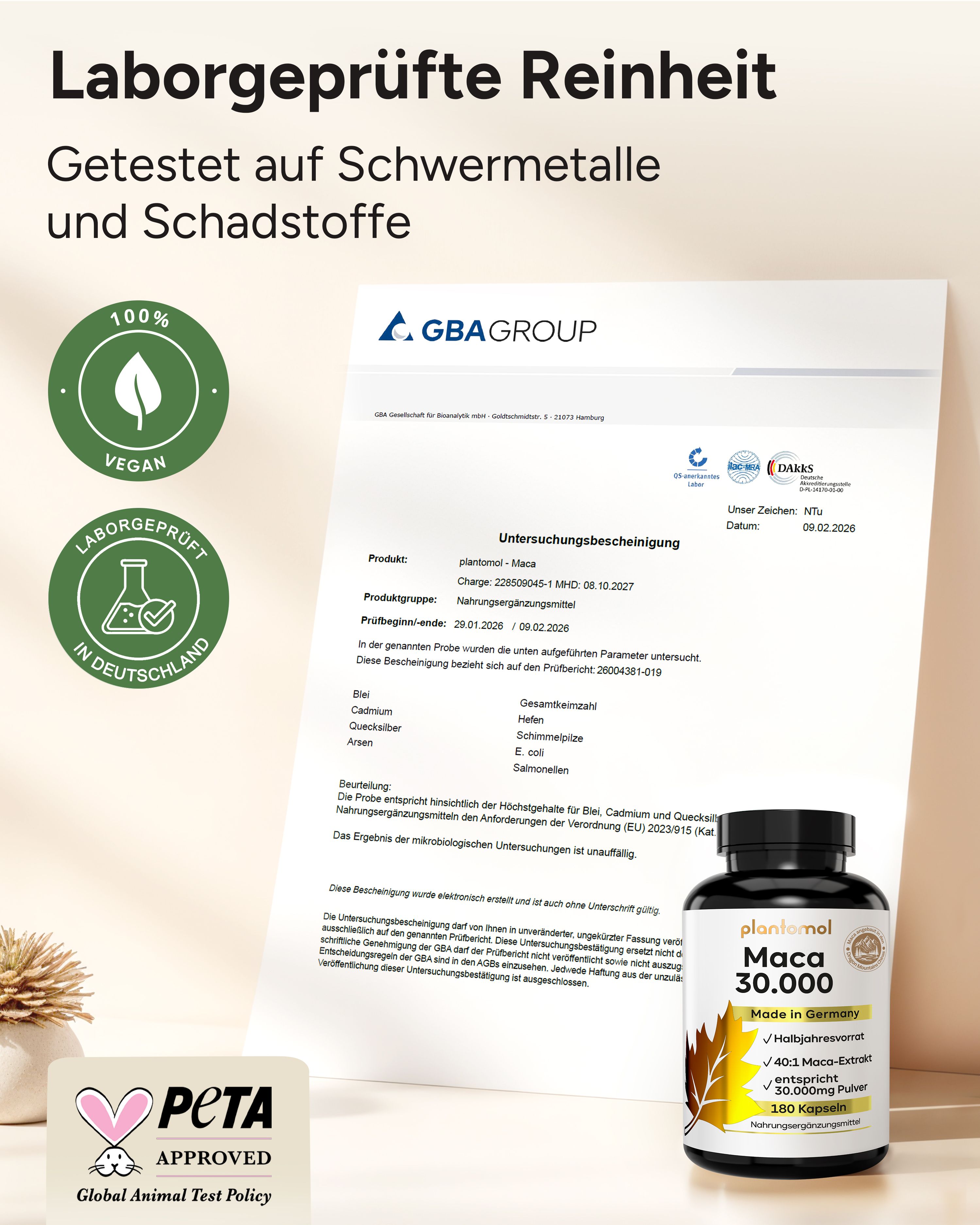Zertifizierungsdokumente und plantomol® Maca 30.000 Flasche. Vegan, Laborgeprüft, PETA-Approved.