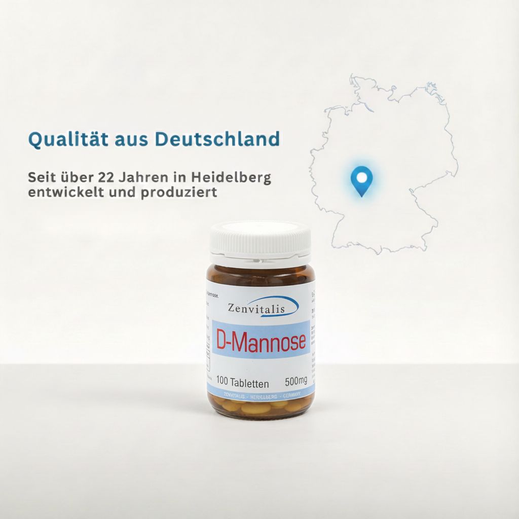 Tablettenflasche. Text: Qualität aus Deutschland. Seit über 22 Jahren in Heidelberg entwickelt und produziert.