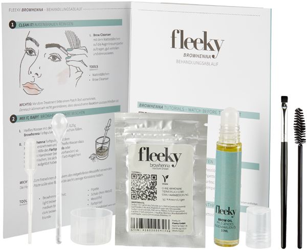 Fleeky Browhenna Kit mit Anleitungen und Zubehör: Pinsel, Bürste, Spatel, Behälter, Ölflasche, Henna-Beutel.