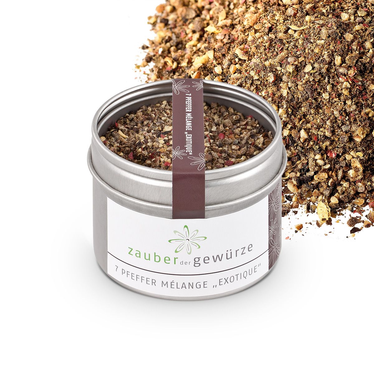 Gewürzdose mit 7 Pfeffer Mélange "Exotique" und Pfeffermischung daneben. Metallbehälter mit Etikett und Produktnamen.