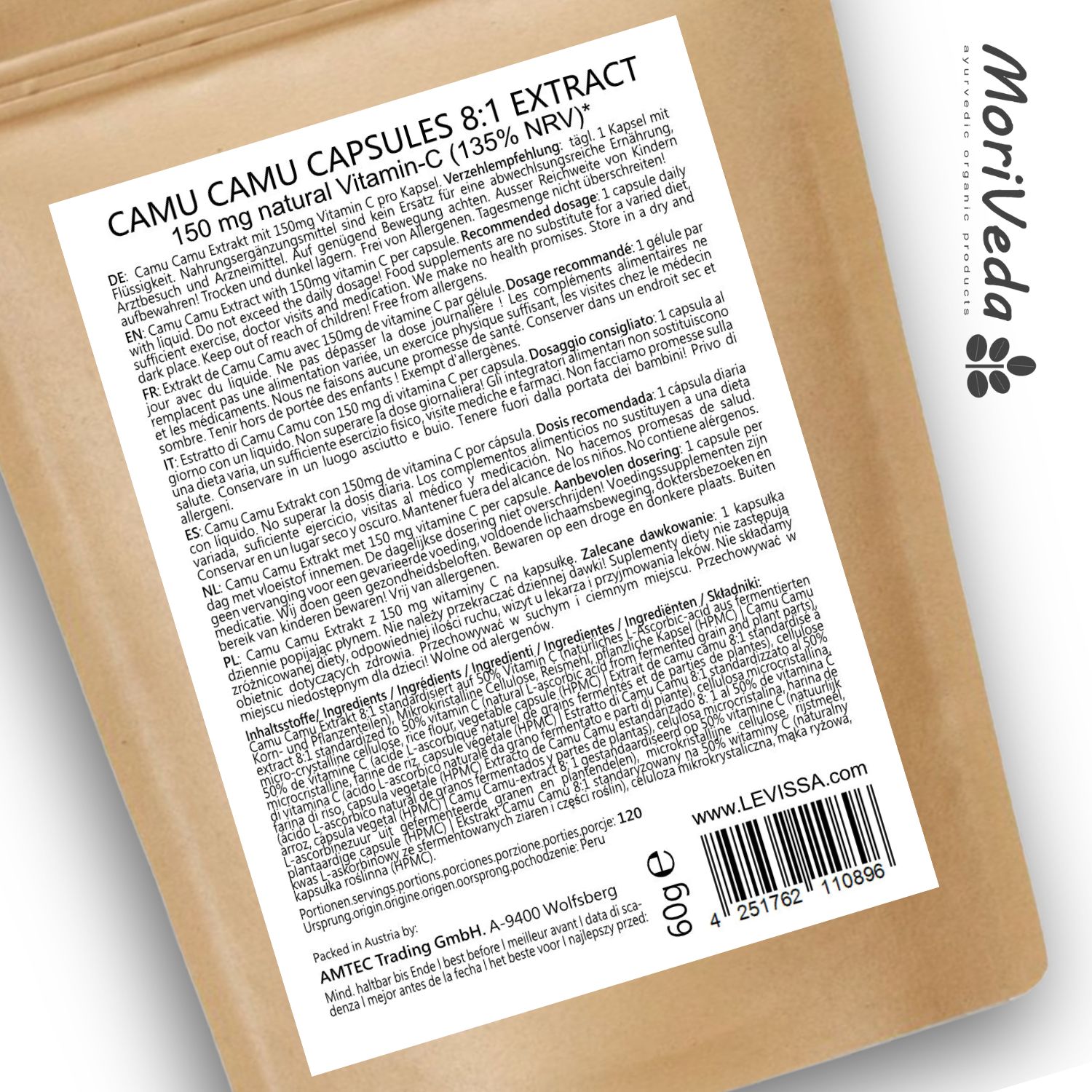 Moriveda Vitamin C Kapseln – gepuffert, sekundäre Pflanzenstoffe, Antioxidans, vegan