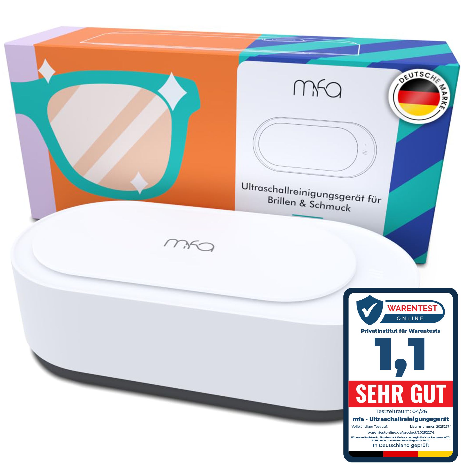Ultraschallreinigungsgerät mit Verpackung. Weißes Gerät, orange-blau Verpackung mit Brillen-Illustration und mfa Logo. Sehr gut.