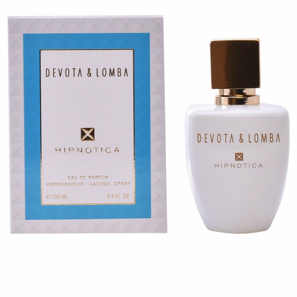 Weißer Flakon mit goldfarbenem Verschluss und Karton. Aufschrift: Devota & Lomba, Hypnotica. Eau de Parfum.