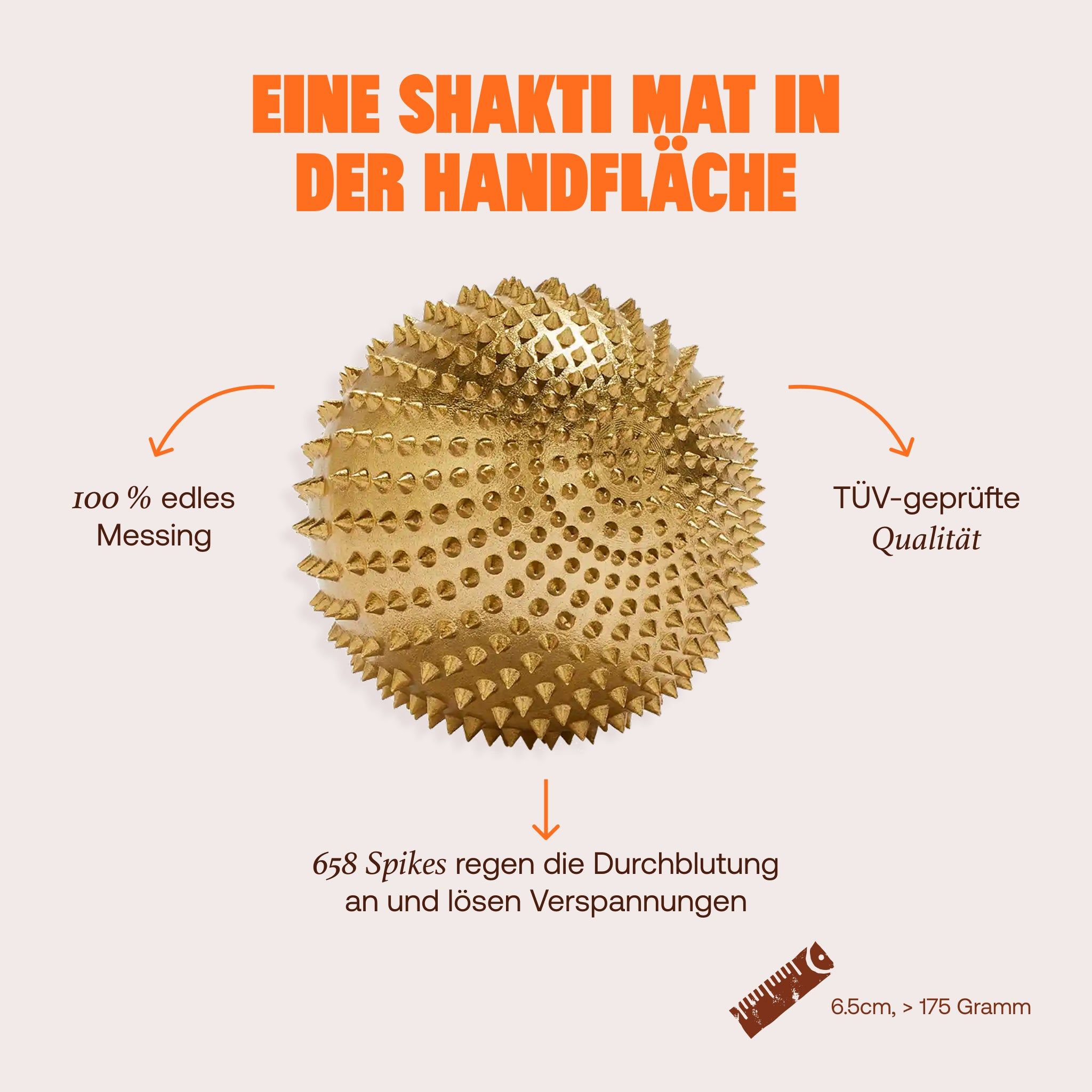 Goldener Akupressurball aus Messing, 6,5 cm, mit 658 Spitzen, TÜV-geprüfte Qualität.