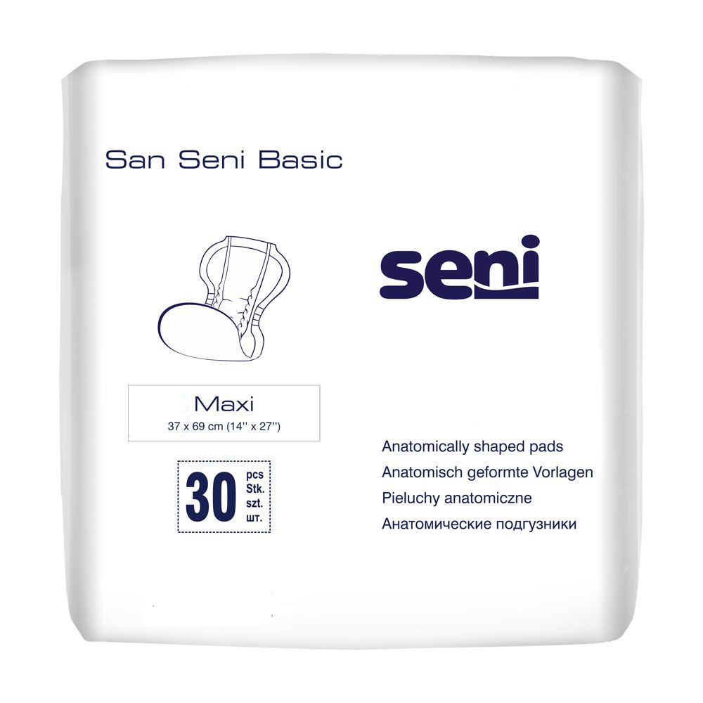 Verpackung von San Seni Basic Maxi Inkontinenzvorlagen. 30 Stück. Anatomisch geformte Vorlagen. Marke Seni. Weiße Verpackung mit Produktabbildung.