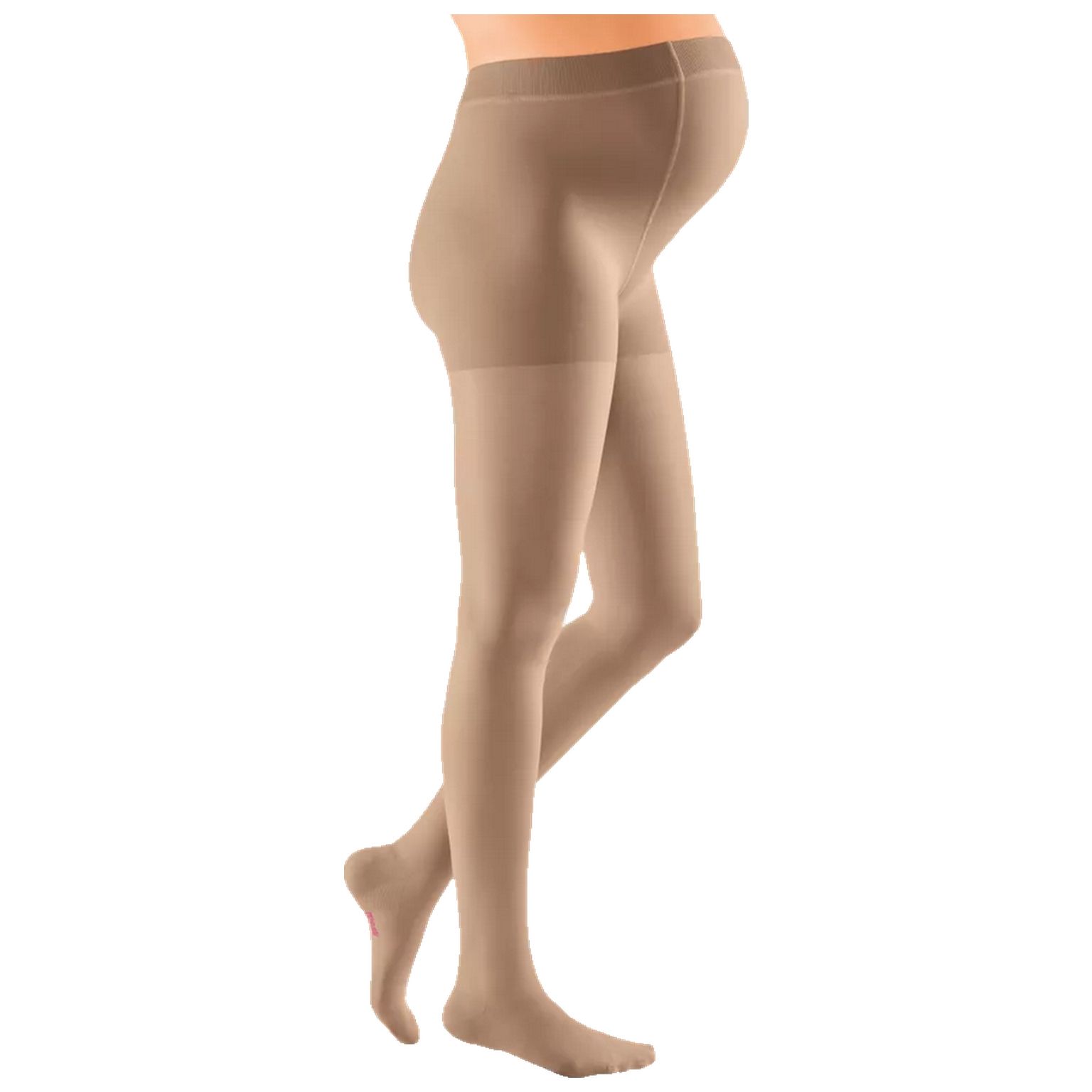 Hautfarbene Kompressions-Umstandshose. Seitliche Ansicht einer Person mit Schwangerschaftsbauch. Strumpfhose bedeckt Beine.