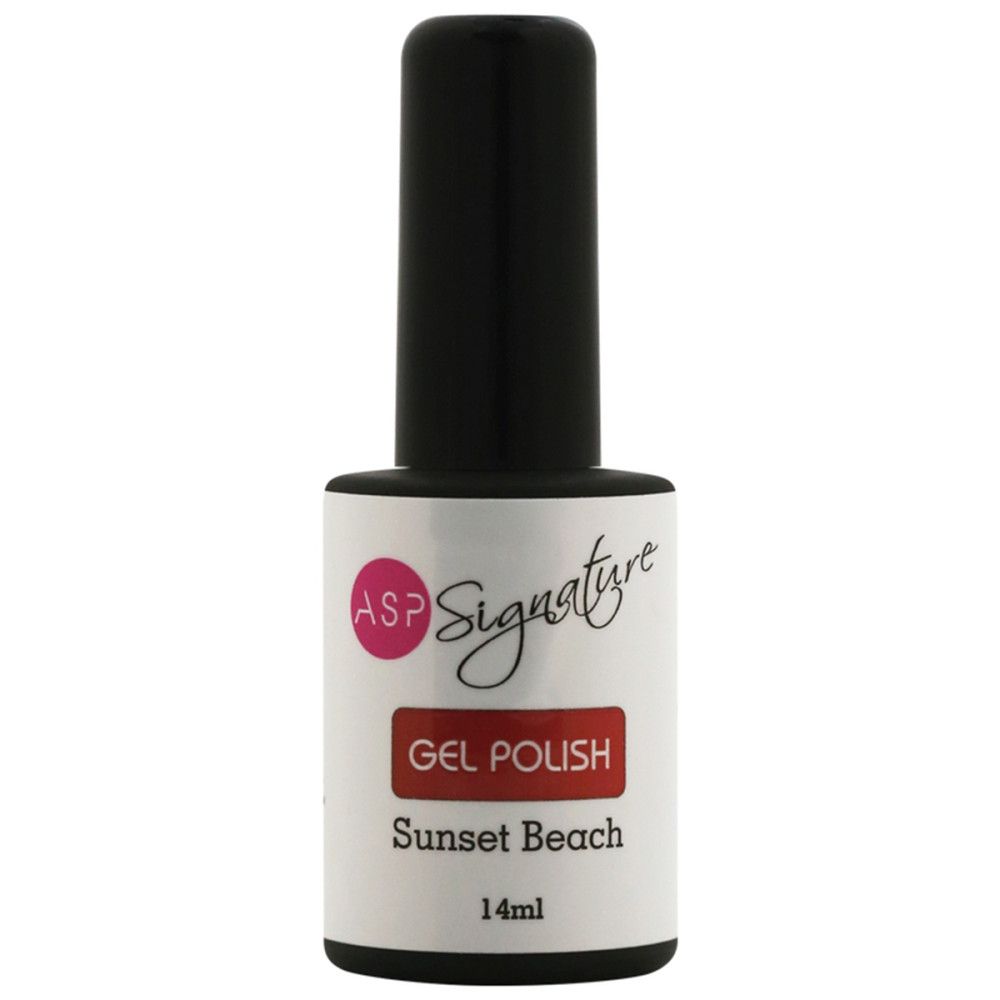 Nagellackflasche mit schwarzem Deckel. Etikett mit 'ASP Signature Gel Polish'.