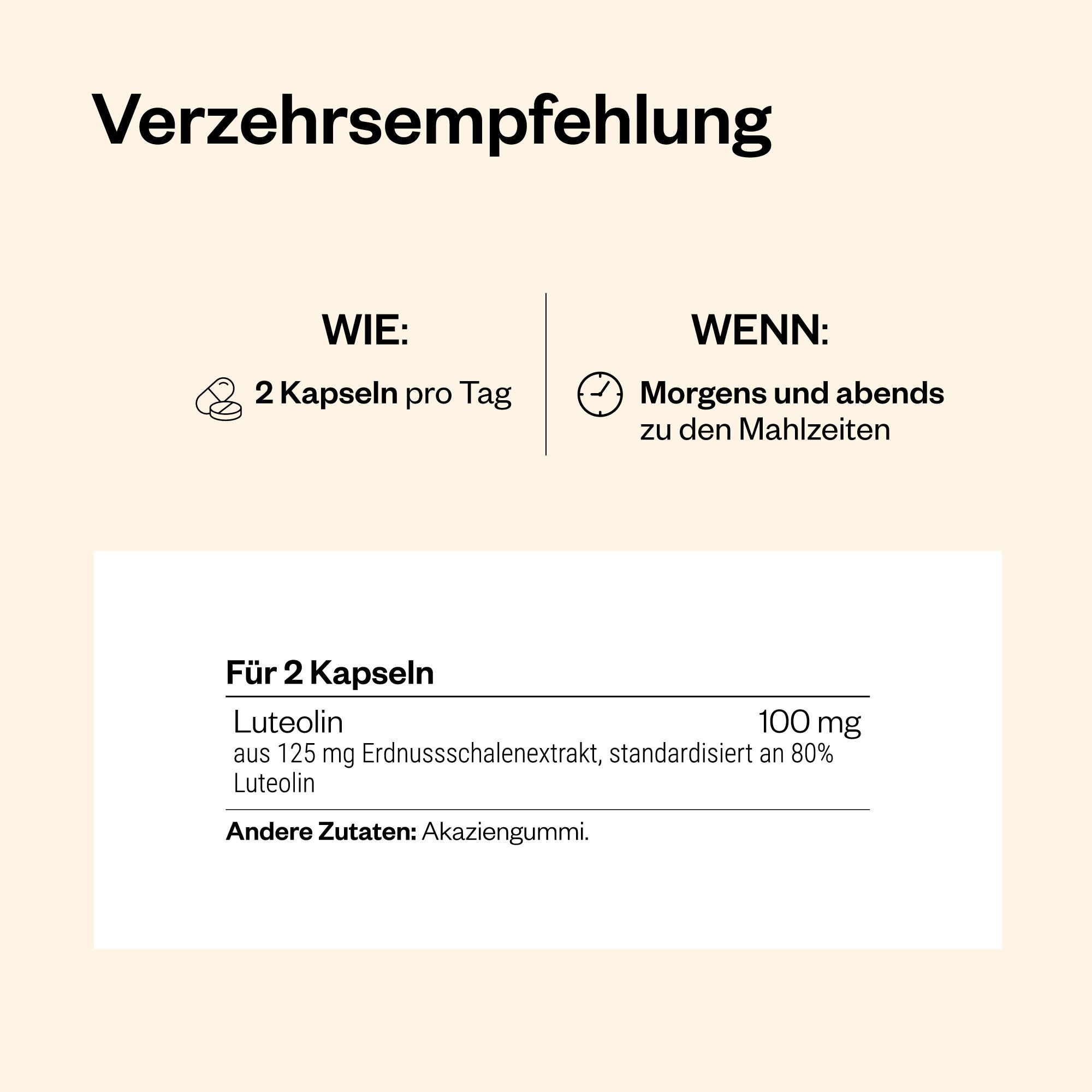 Text mit Dosierungsempfehlung: 2 Kapseln morgens und abends zu den Mahlzeiten. Inhaltsstoffe: Luteolin, Akaziengummi.