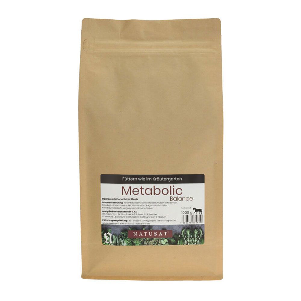 Braune Papiertüte mit Aufdruck 'Metabolic Balance'. Text und Logo. Siegelverschluss.