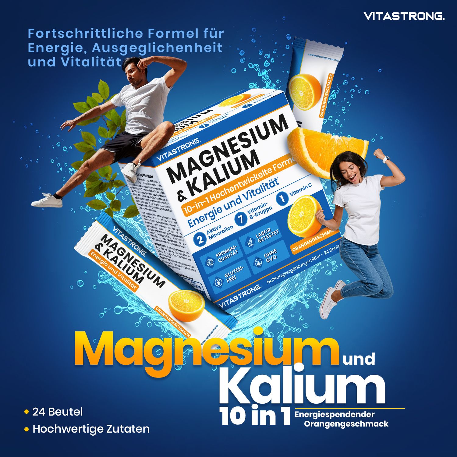 Vitastrong Magnesium & Kalium. Verpackung mit 24 Sticks, Orangen-Geschmack. Personen im Hintergrund. Produktabbildung.