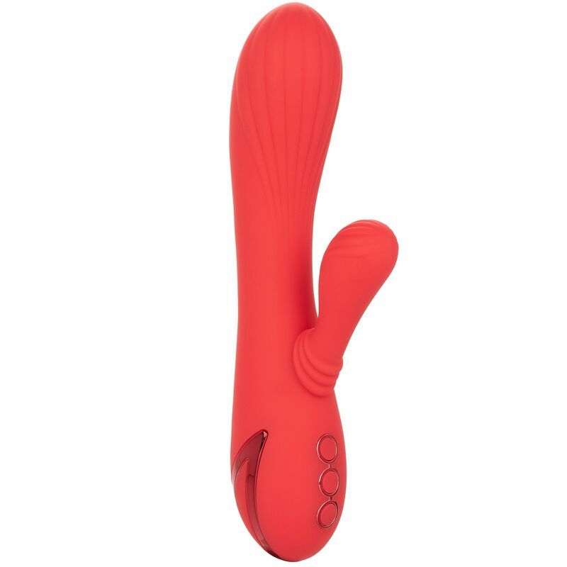 Roter Vibrator. Geformt mit einem gebogenen Schaft und einem seitlichen Vorsprung. Drei Knöpfe unten.