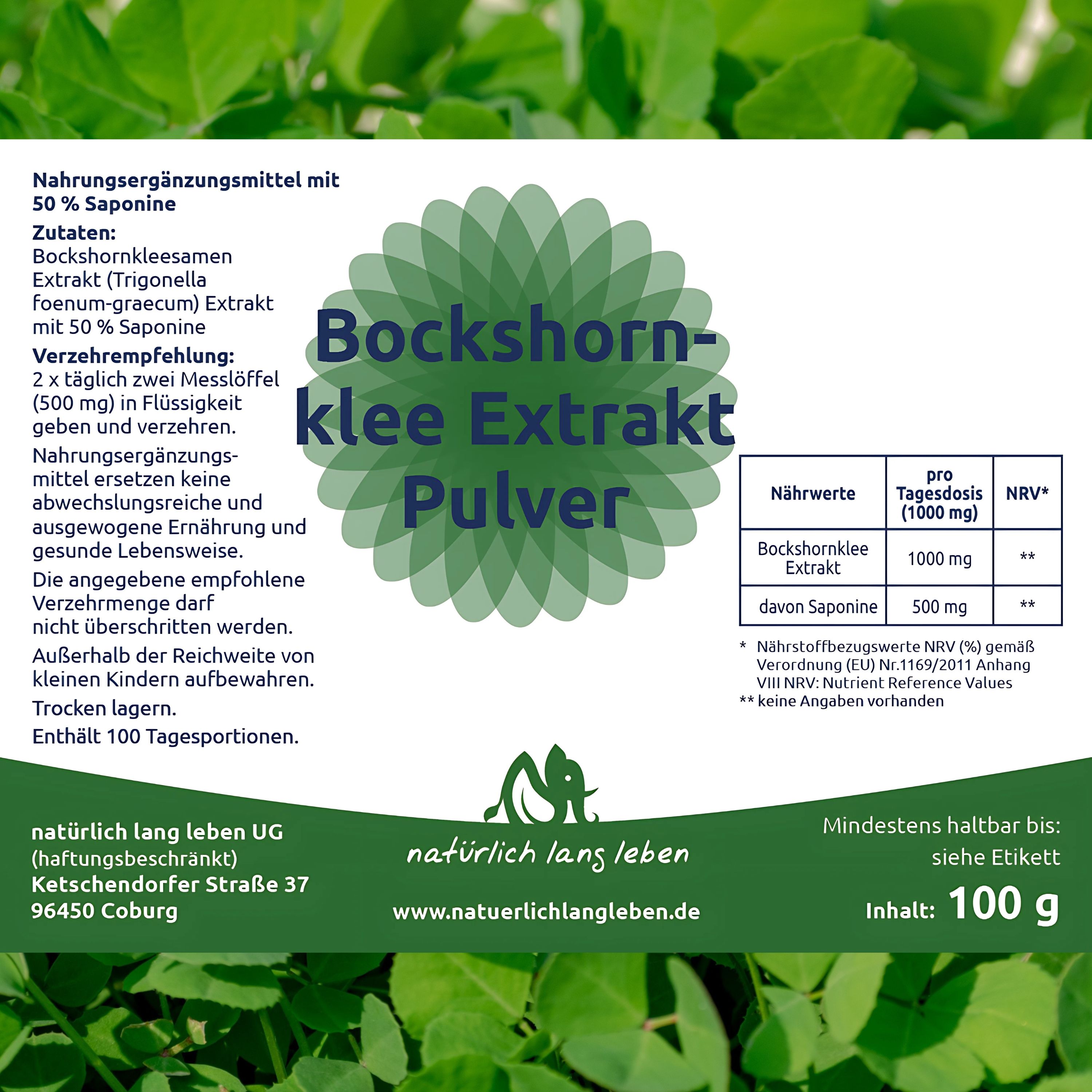 Etikett mit Produktinformationen. Aufschrift: Bockshornklee Extrakt Pulver. Inhaltsstoffe, Nährwerte, Herstellerangaben und Mindesthaltbarkeitsdatum.