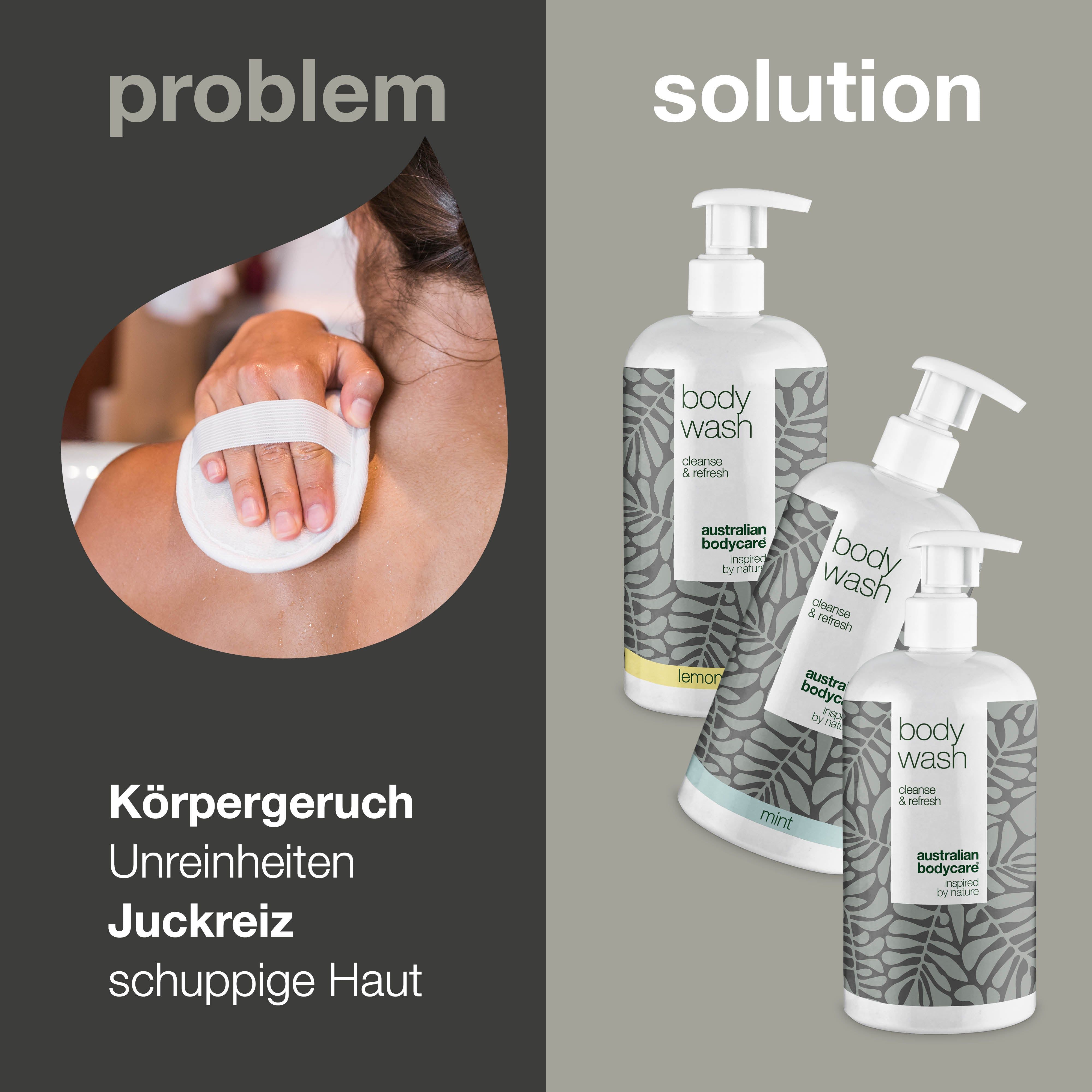 Person reinigt Rücken mit Schwamm. Rechts: 3 Flaschen body wash. Text: Körpergeruch, Unreinheiten, Juckreiz, schuppige Haut.