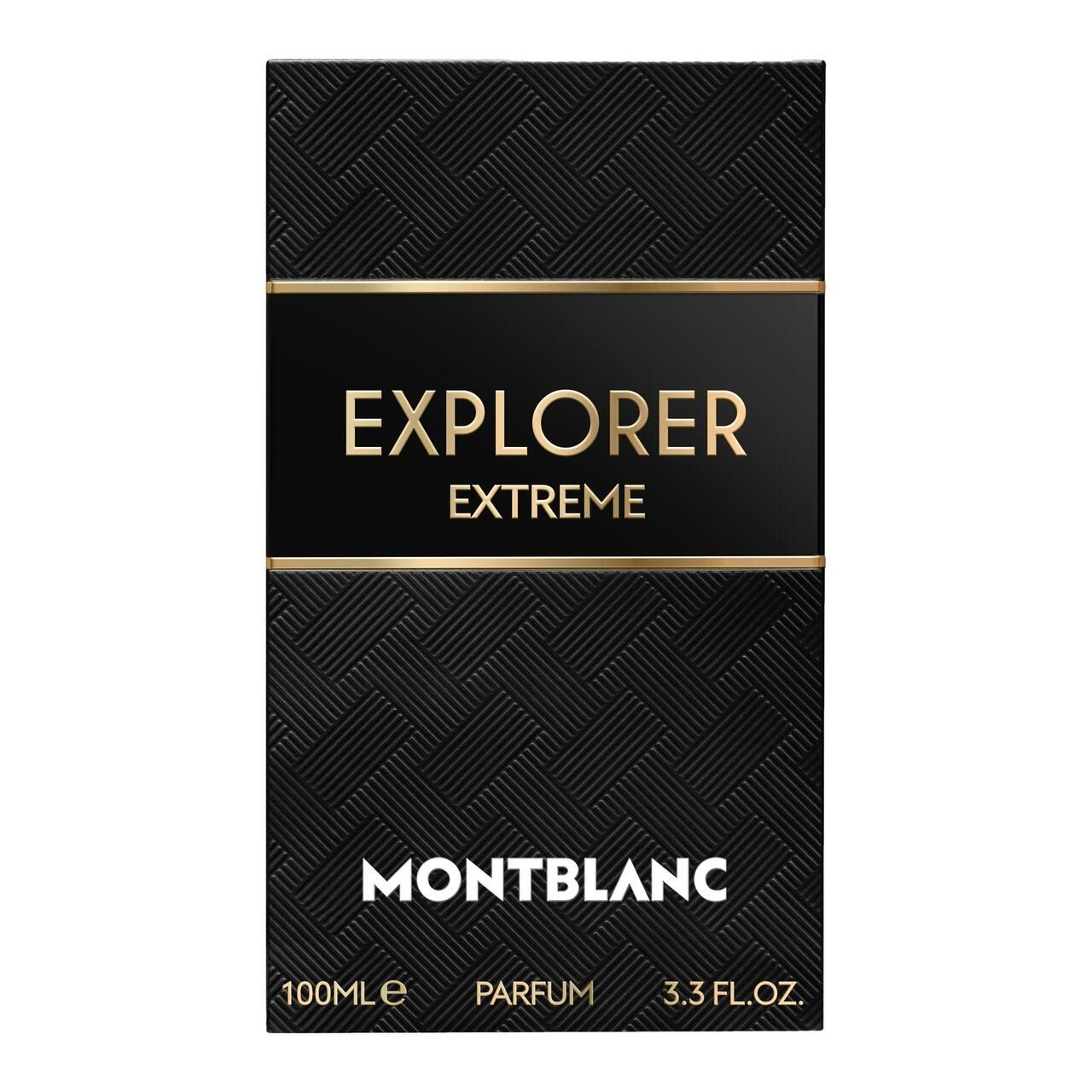 Schwarze Verpackung mit goldener Schrift: EXPLORER EXTREME. Montblanc-Logo. Schwarze, gewebte Textur.
