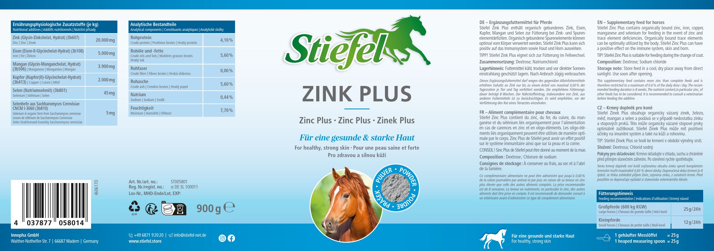 Etikett von Stiefel Zink Plus. Produktname, Inhaltsstoffe und Informationen. Mit einem Bild eines Pferdes.