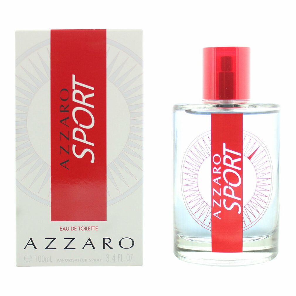 Glasflakon mit rotem Verschluss und roter Banderole mit "AZZARO SPORT"-Schriftzug. Daneben eine weiße Schachtel mit roter Banderole und Logo.