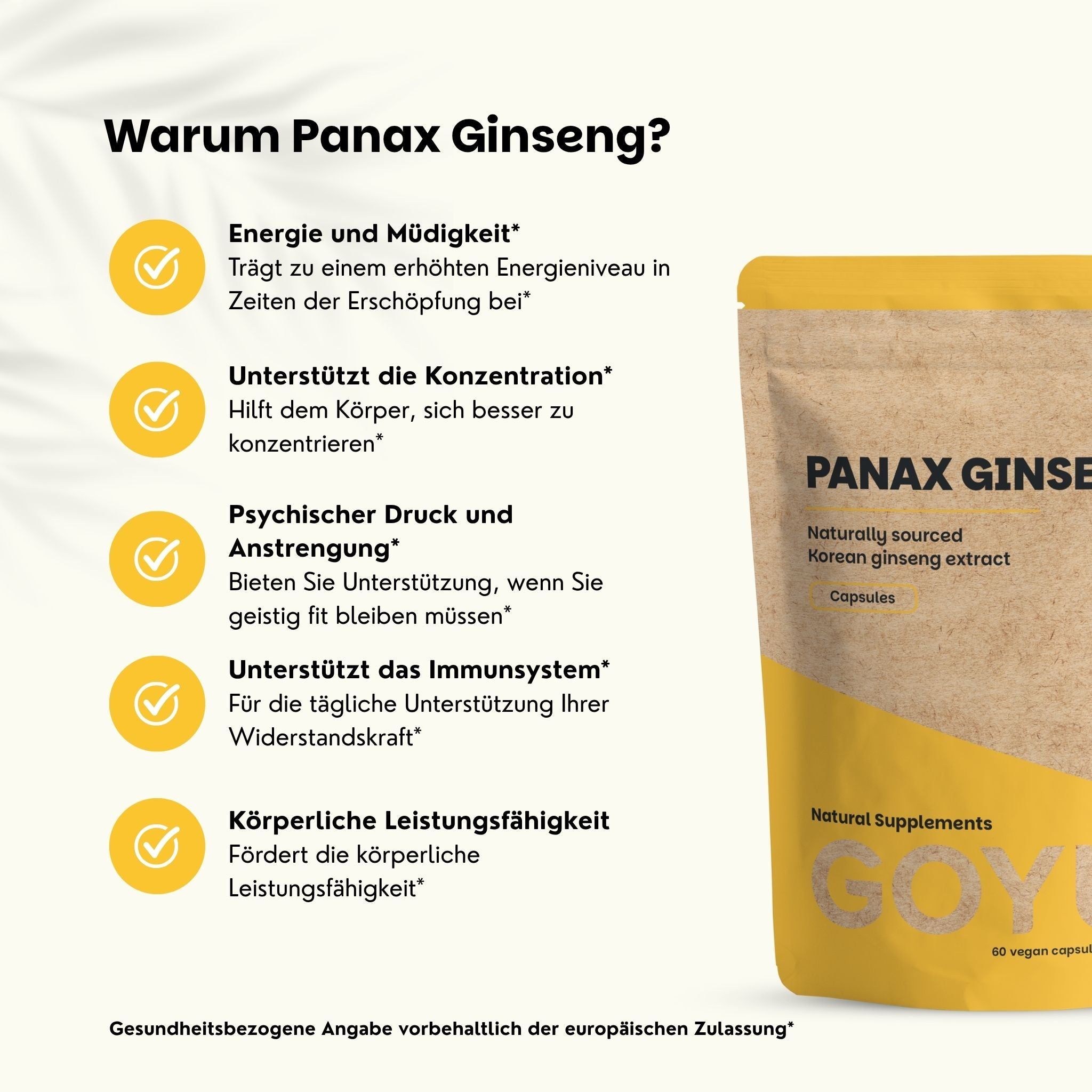 Panax Ginseng Kapseln: 100% natürlich, vegan, ohne Füllstoffe. Nur 1 Zutat pro Kapsel.