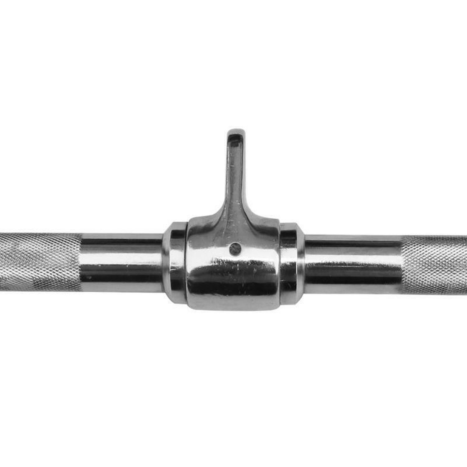 Nahaufnahme einer Stahl-Bizeps-Trizeps-Stange. Drehgelenk. Geriffelte Griffe. Silberfarbenes Metall.