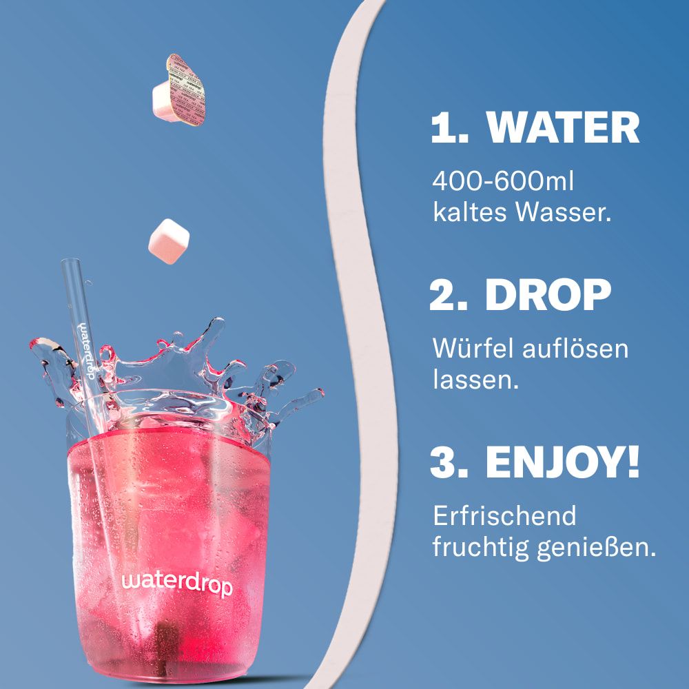 Glas Himbeer-Eistee mit Eiswürfeln. Daneben Text: 1. Wasser, 2. Drop, 3. Enjoy! Auf dem Glas: waterdrop®.