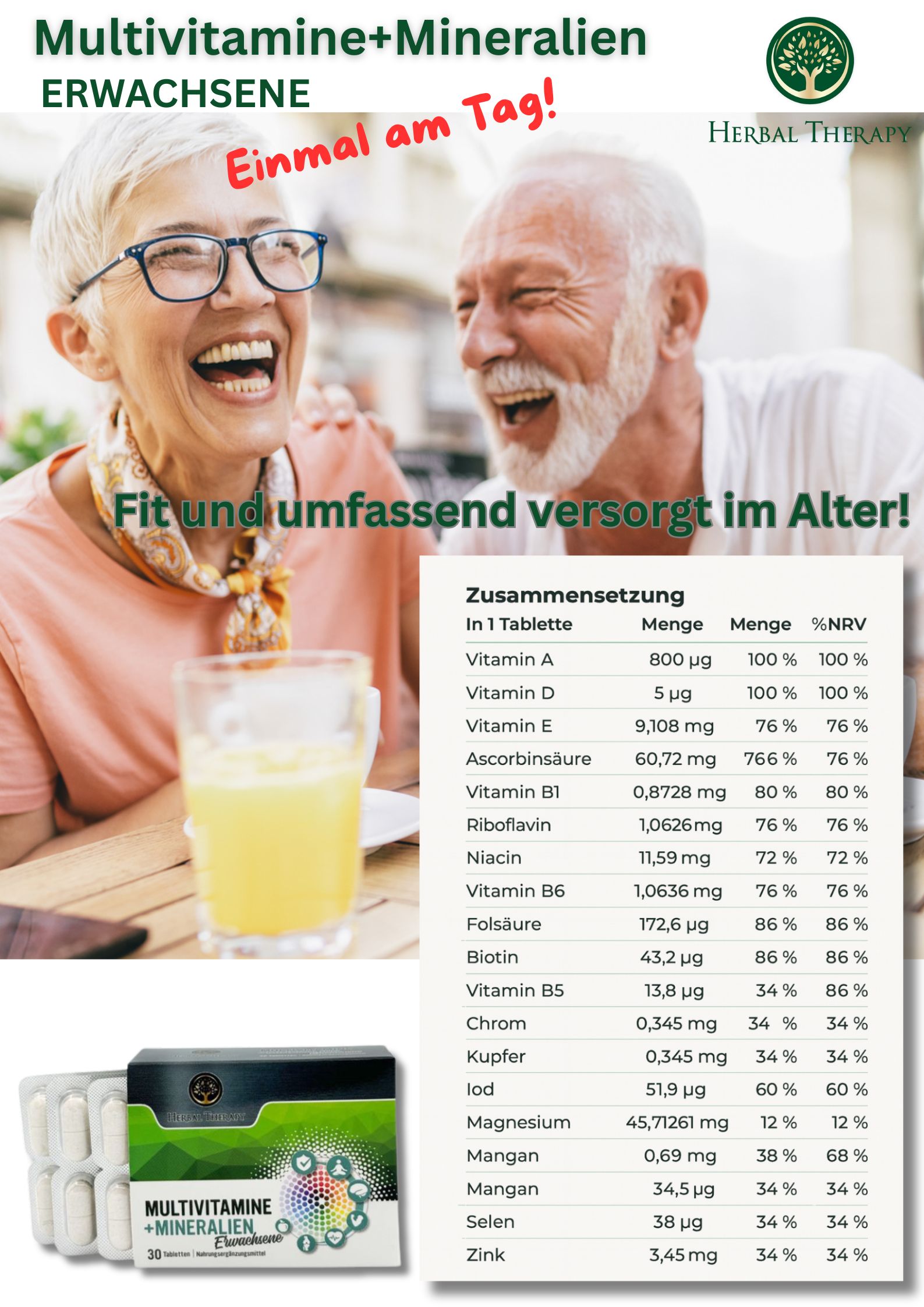 Werbebild mit älterem Ehepaar und Produkt. Tabelle mit Vitamin- und Mineralstoffzusammensetzung. Produktverpackung unten links.