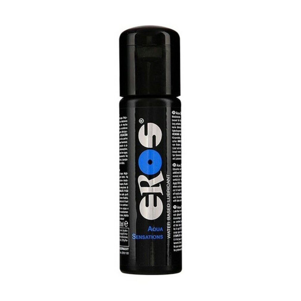 Schwarze Flasche mit Klappverschluss. Aufschrift: EROS, Aqua Sensations. Wasserbasiertes Gleitmittel.