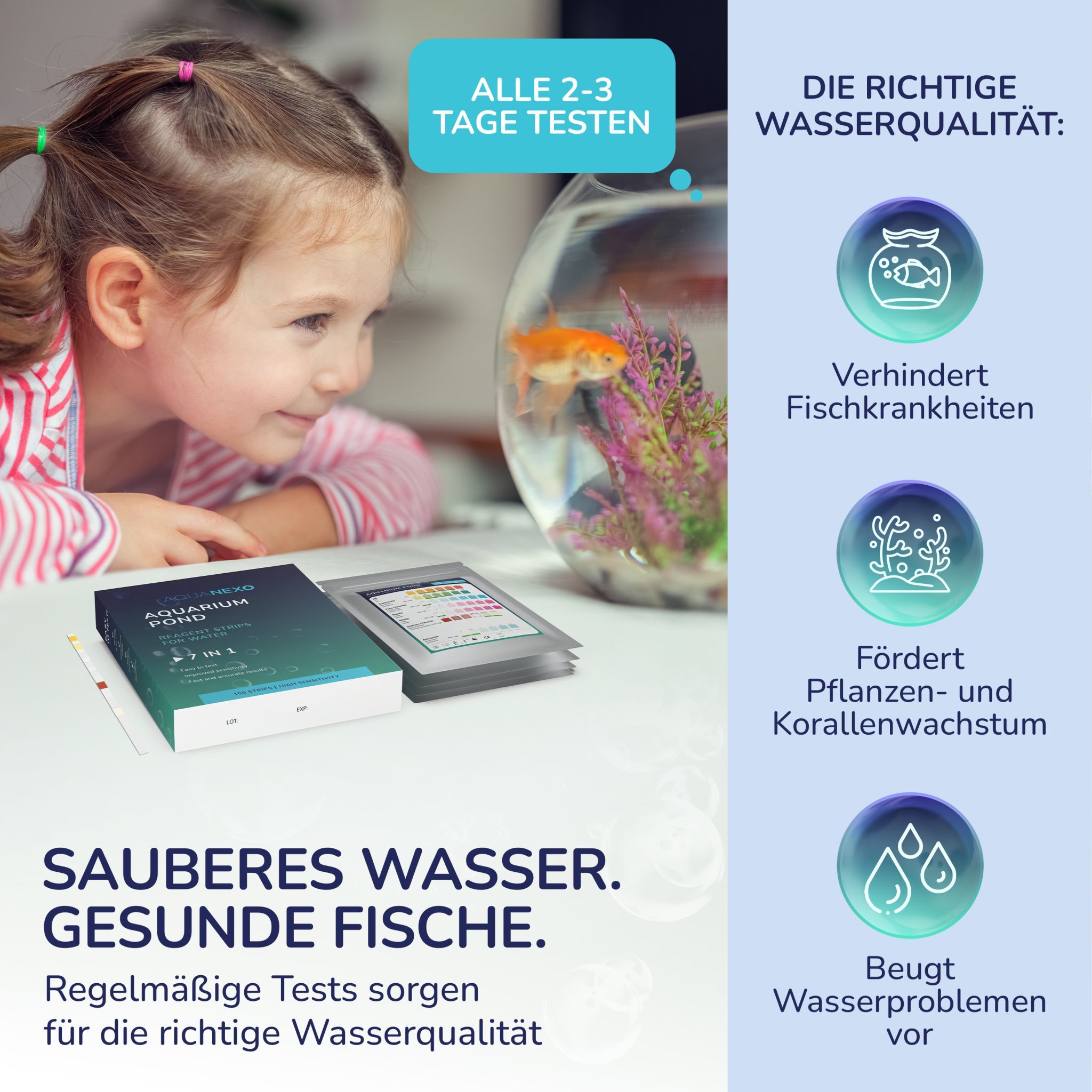 Kind betrachtet Aquanexo Aquarium Pond. Packung und Farbskala. Text: Sauberes Wasser. Gesunde Fische. Regelmäßige Tests für Wasserqualität.