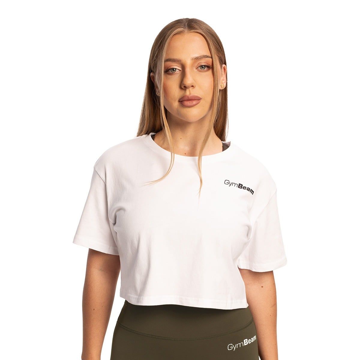 GymBeam T-Shirt Damen cropped locker Kurzarm mit rundem Ausschnitt Weiß 1 St