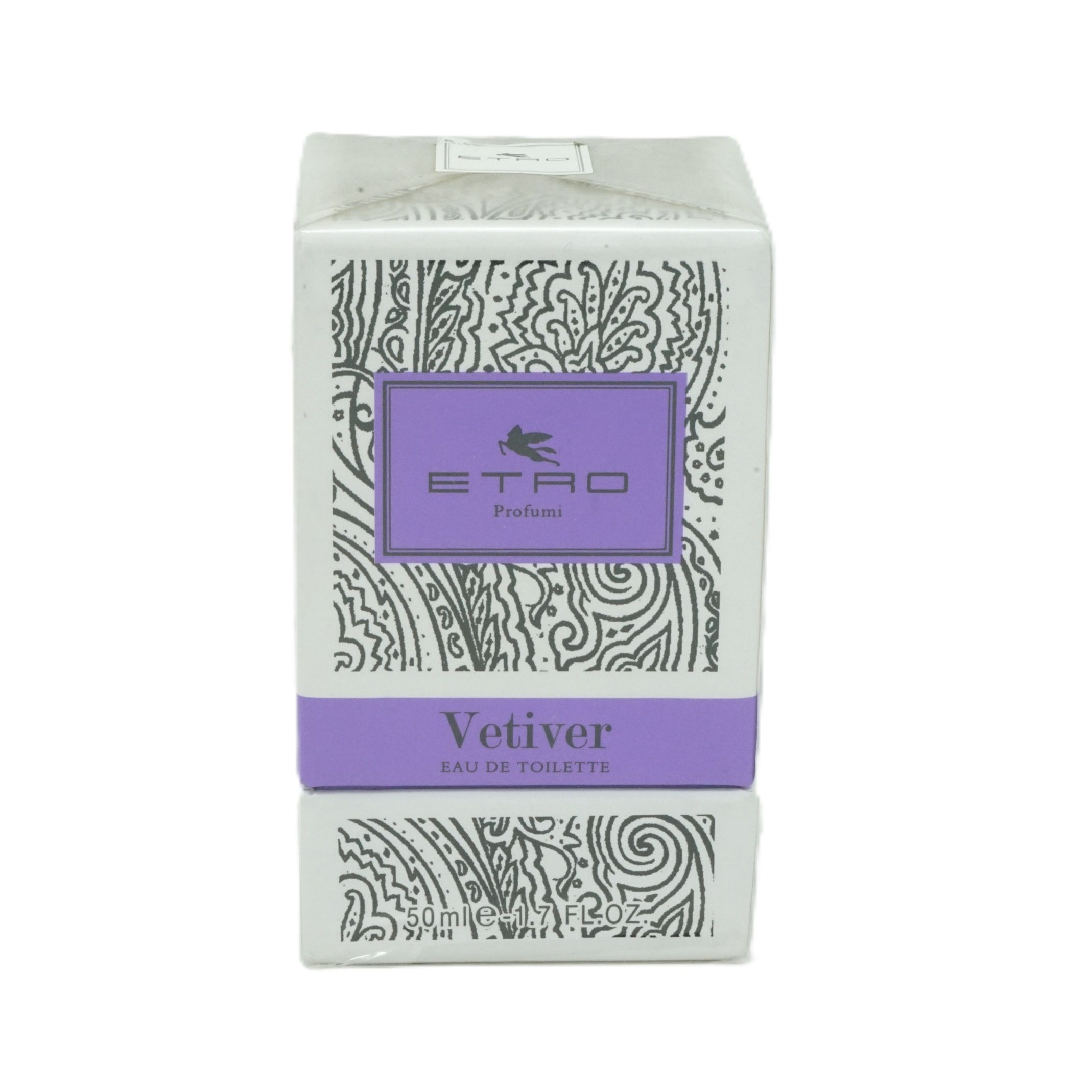 Kartonverpackung mit lila Etikett. Oben steht "Etro Profumi", darunter "Vetiver Eau de Toilette".