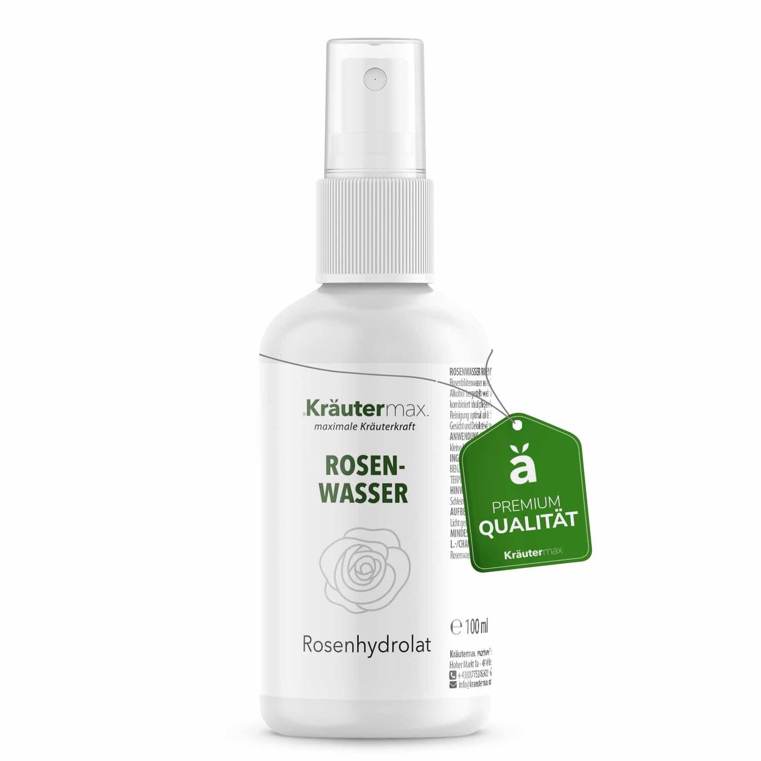 Weiße Sprühflasche mit Rosenwasser-Etikett und grünem Anhänger. Premium Qualität. Rosenhydrolat. Kräutermax.