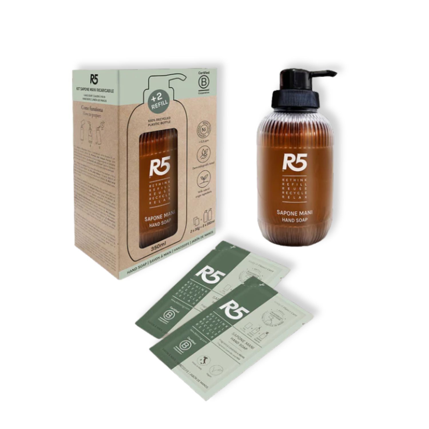 Braune Seifenflasche mit schwarzem Pumpkopf, Kartonverpackung und Nachfüllbeutel. Aufschrift: R5 Sapone Mani.