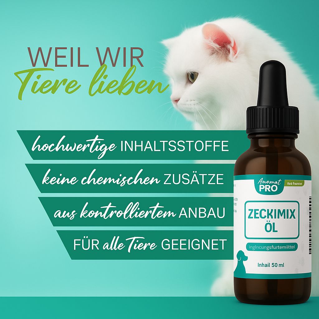 Braune Glasflasche mit schwarzem Tropfer. Etikett mit Produktnamen und Logo. Katze im Hintergrund.