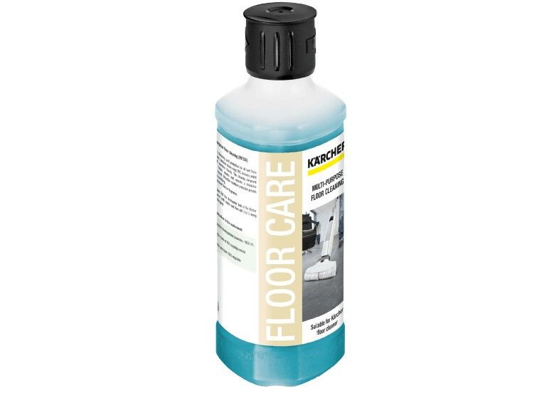 Flasche mit blauem Reiniger. Schwarzer Deckel. Aufschrift "FLOOR CARE" und "Kärcher".