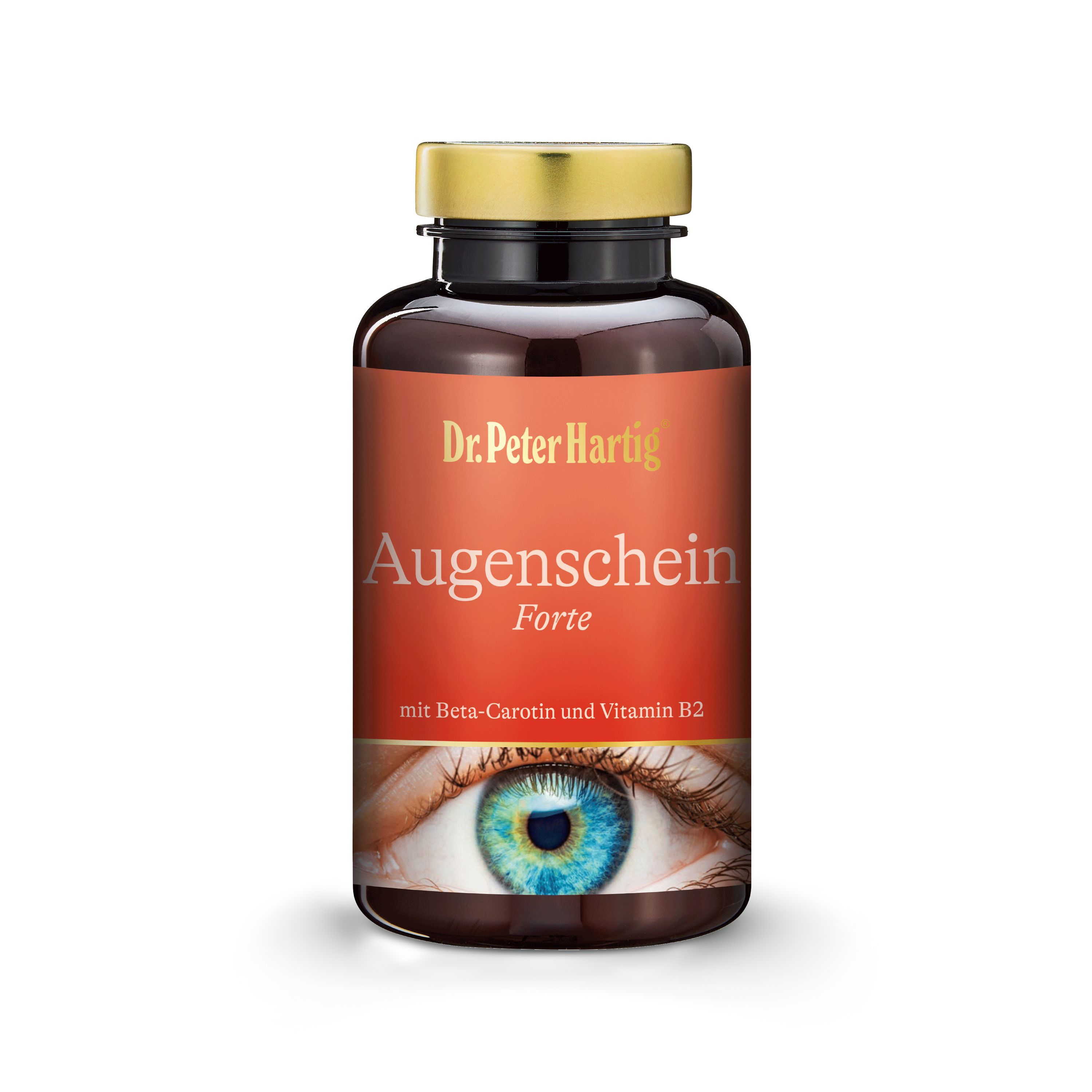 Braune Flasche mit goldfarbenem Deckel. Aufschrift: Dr. Peter Hartig Augenschein Forte. Abbildung eines Auges.