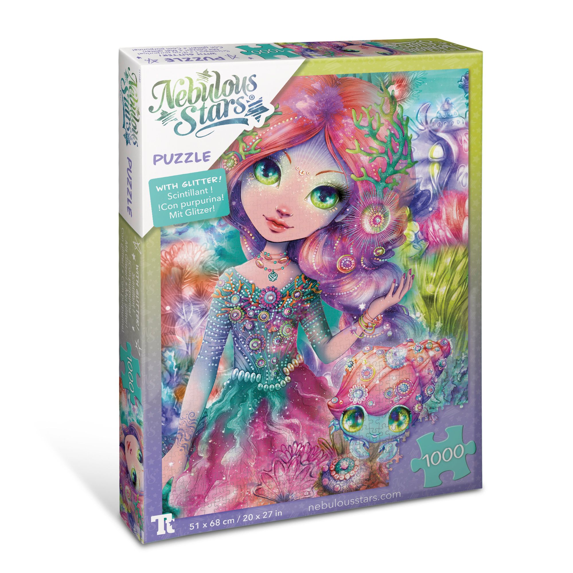 Puzzle-Box mit Meerjungfrau-Illustration. Nebulous Stars-Logo, 1000 Teile. Glitzer-Effekt. Maße: 51 x 68 cm.