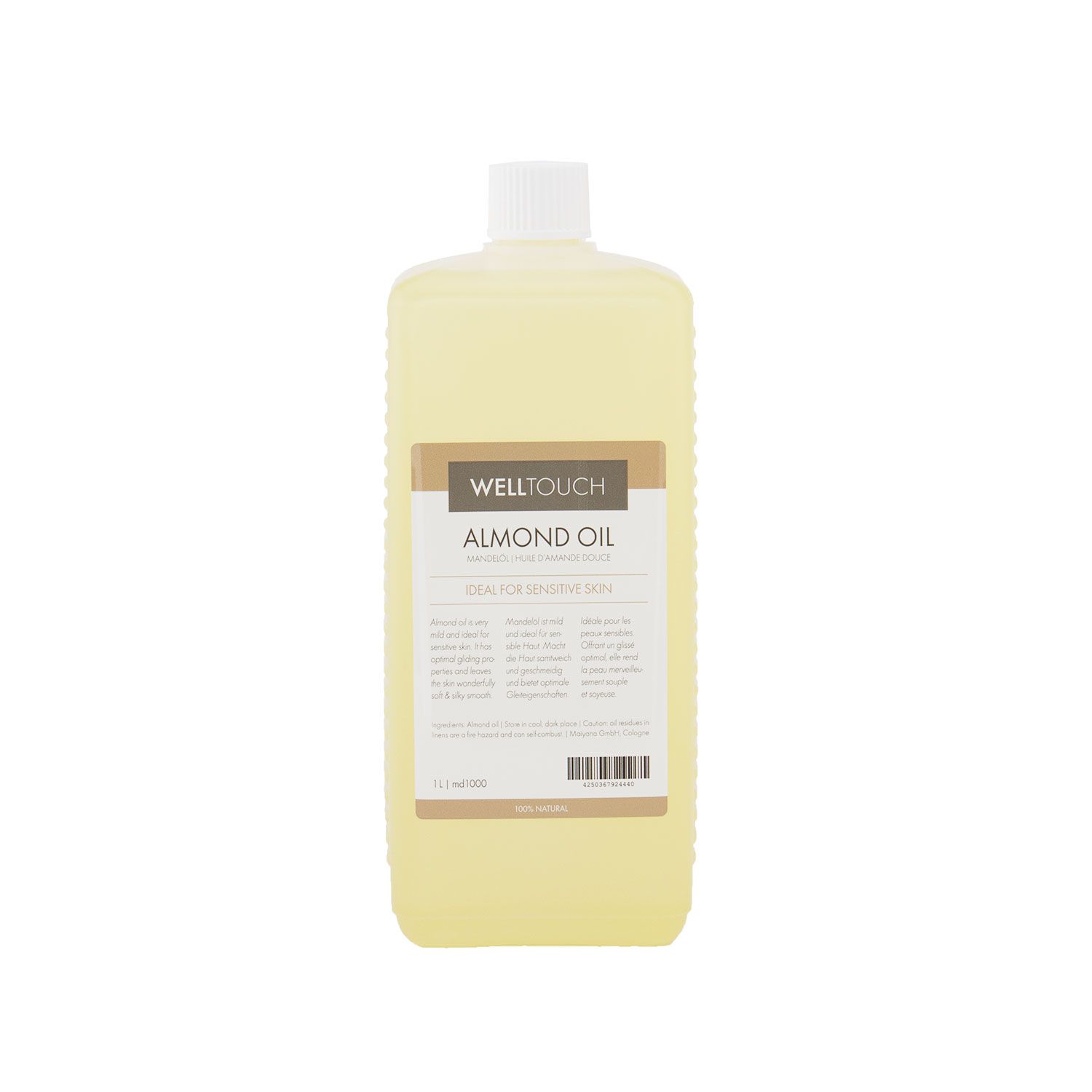 Flasche mit Mandelöl. Aufschrift: Welltouch Almond Oil, für empfindliche Haut. Hellgelbe Flüssigkeit in rechteckiger Flasche mit weißem Deckel.