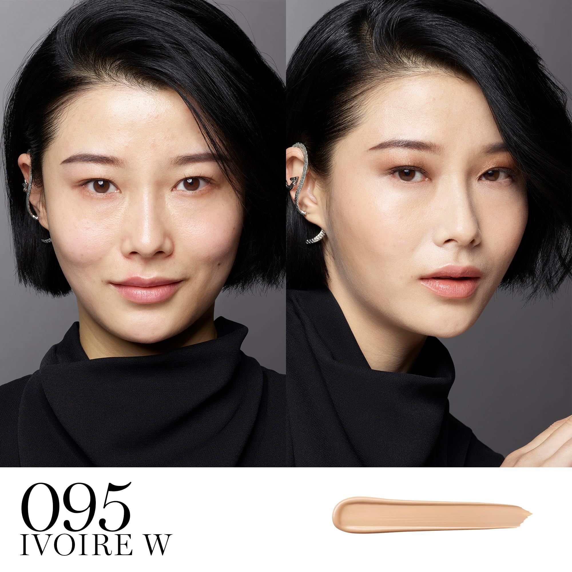 Vorher-Nachher-Vergleich. Frau mit Make-up. Produkt: Lancôme Teint Idole Ultra Wear Concealer. Farbton: 095 Ivoire W. Produkt-Swatch.