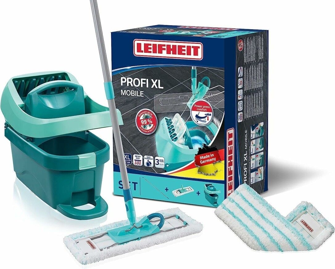 Set mit Wischtuchpresse, Bodenwischer und Ersatzbezug. Die Verpackung zeigt den Markennamen Leifheit und den Produktnamen Profi XL Mobile.