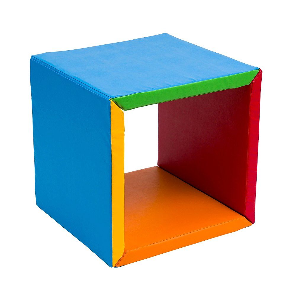 Würfelförmige, farbige Turnmatte. Blau, grün, rot und orange. Offene Seiten.